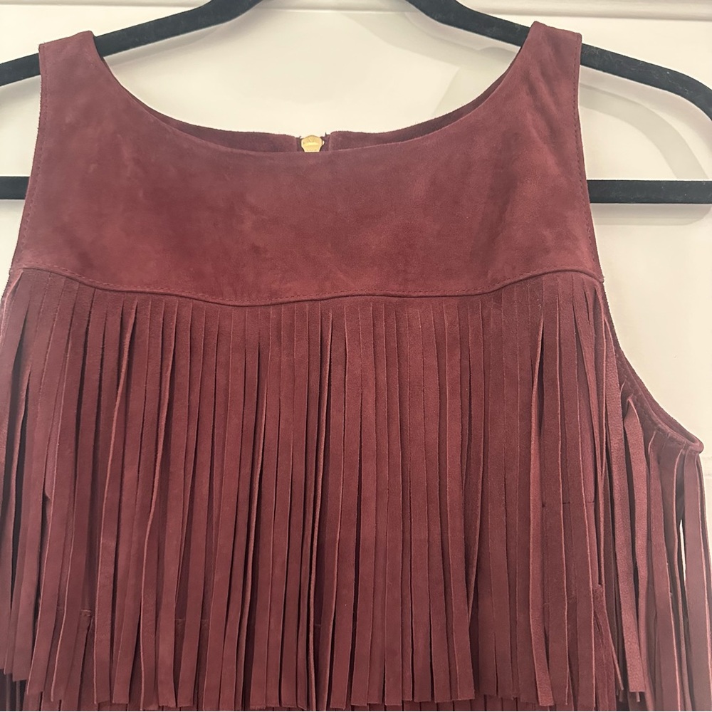 Olivia Palermo+Chelsea 28 Fringe Suede Leather Mini Dress XS Burgundy/Wine EUC - Picture 6 of 13